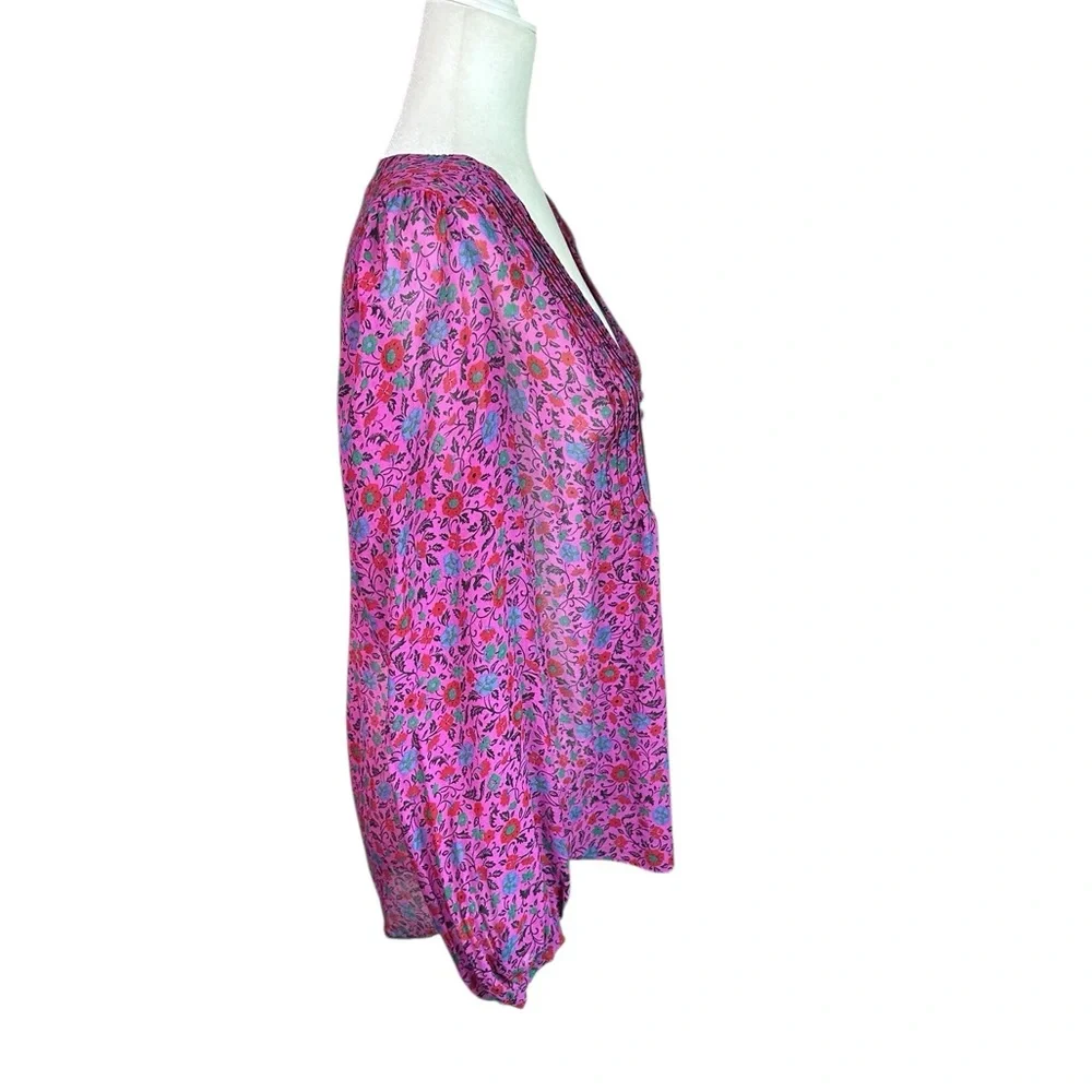 Veronica Beard Fuchsia Pink Floral Pleated Long Sleeve Silk Blouse - Picture 3 of 6